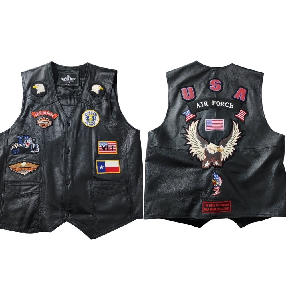 Y2K Oscar Piel Men's Leather Motorcycle Riding Vest USA Air force Veteran Sz‎ XL